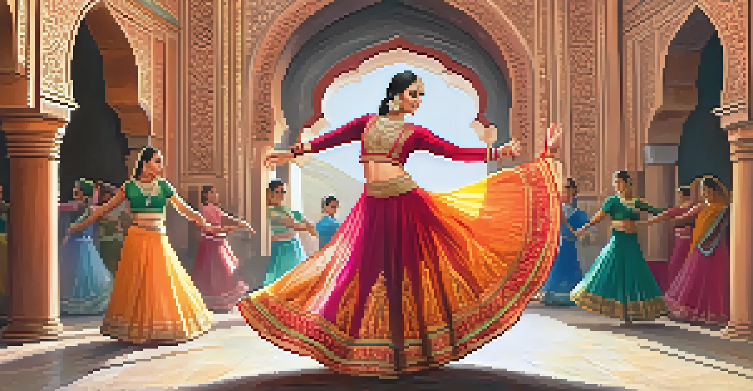 A Kathak dancer in a colorful lehenga performing a graceful twirl in front of a Mughal-style archway.