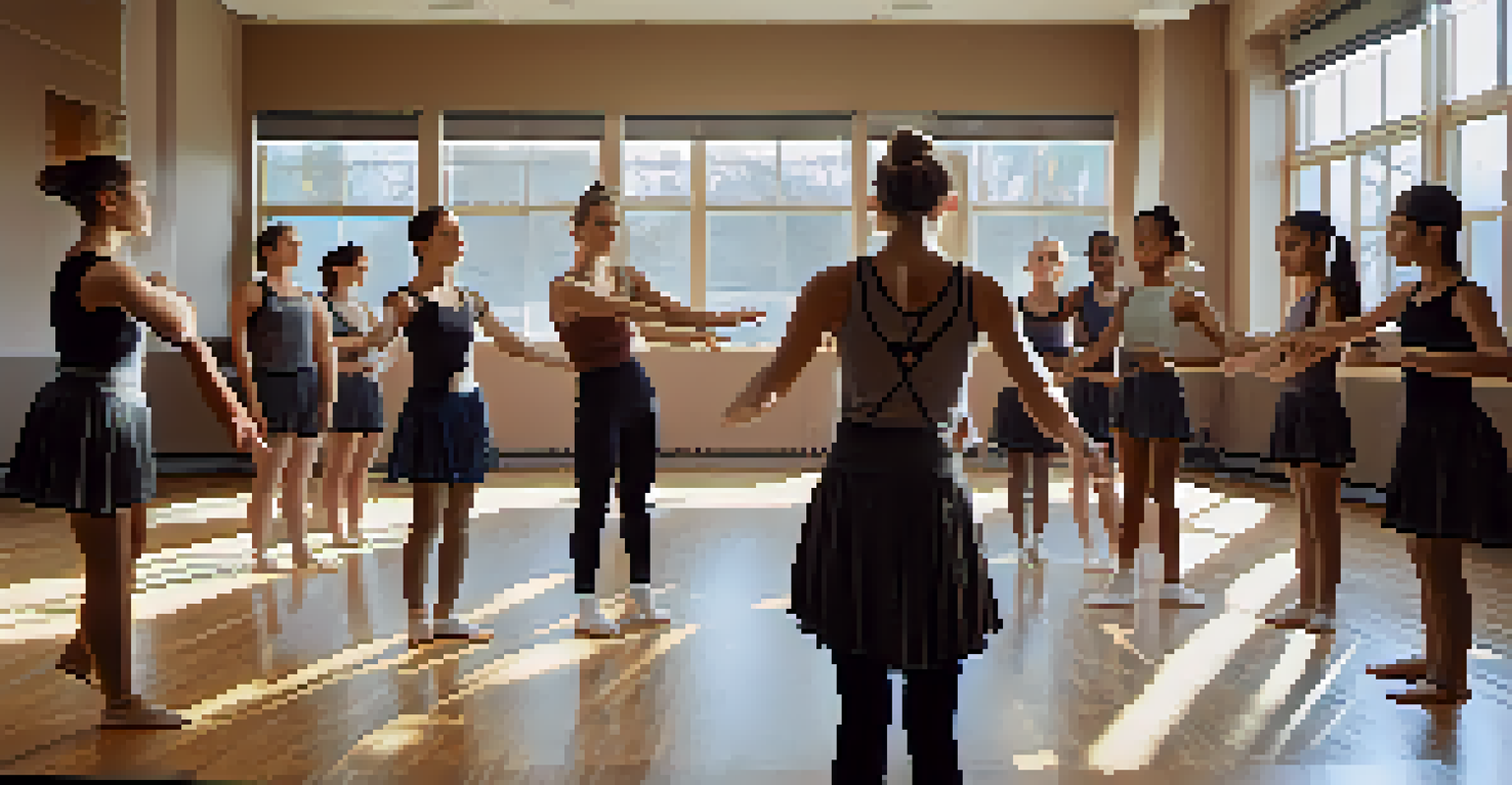 A choreographer passionately instructing a group of young dancers in a bright, mirror-filled studio during a rehearsal.