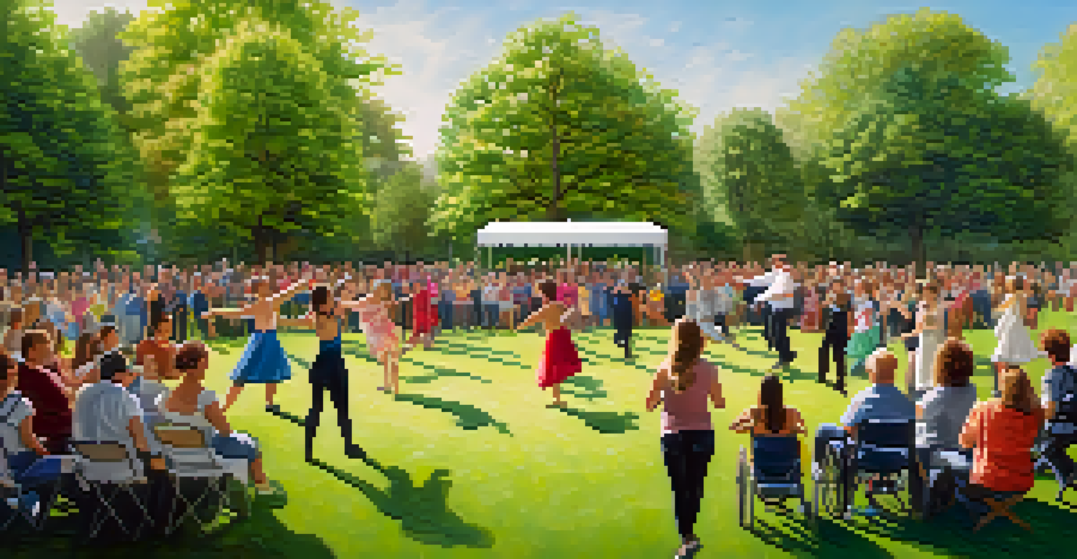 An outdoor adaptive dance performance in a park, showcasing dancers of various abilities on stage with an audience enjoying the performance.