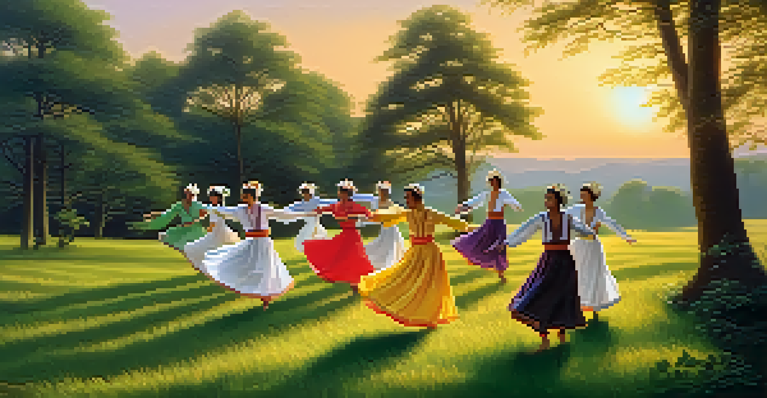 Dancers in flowing costumes performing folk dance in a beautiful green field, with a sunset casting a golden light over the scene.