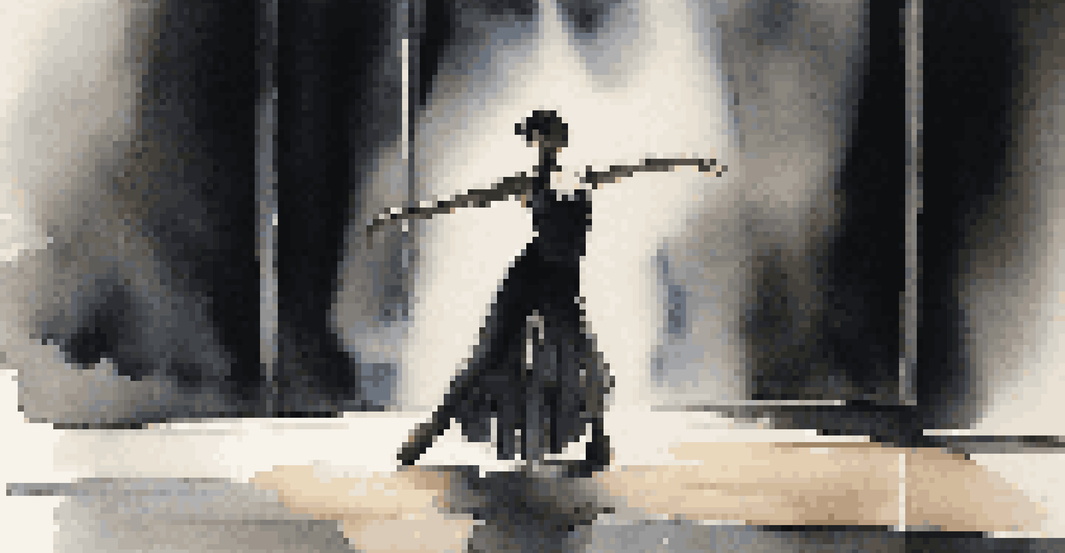 A powerful female dancer performing a solo in a modern theater, illuminated by a spotlight against a minimalist backdrop.