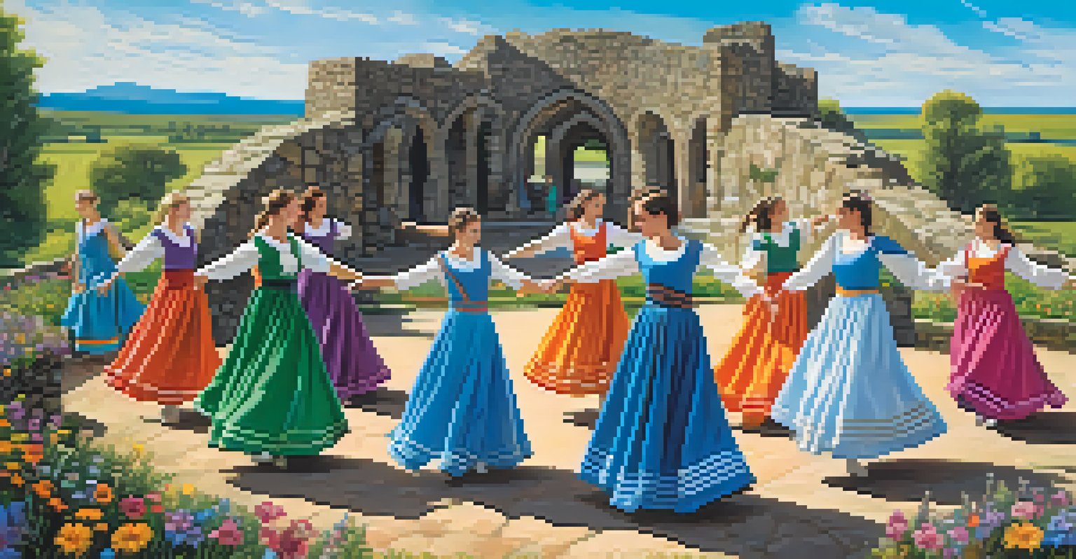 A group of dancers in colorful costumes performing in a circle, symbolizing unity, set against ancient stones and wildflowers.