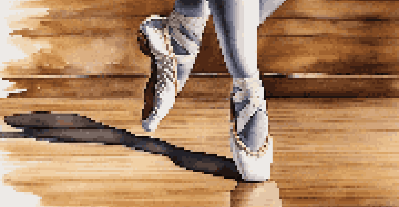 Close-up of a dancer's feet in motion on a wooden stage, emphasizing the intricate dance shoes and dynamic movement.
