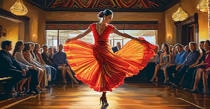 A passionate flamenco dancer in colorful traditional dress performing on stage, surrounded by an engaged audience in a cozy venue.