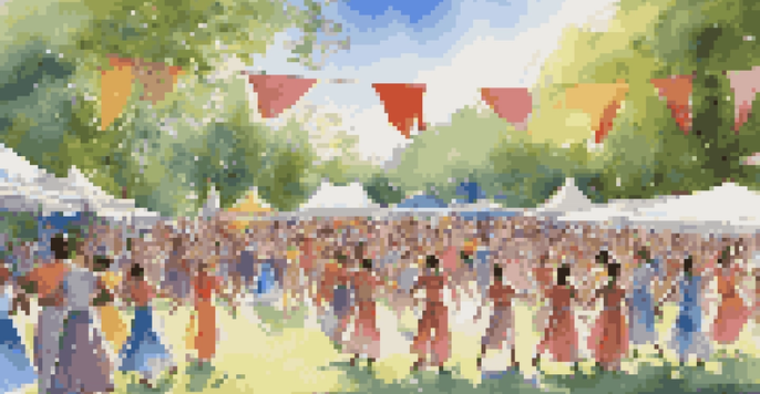 A lively community dance festival with dancers in traditional costumes, colorful banners, and an enthusiastic audience in a sunny park.