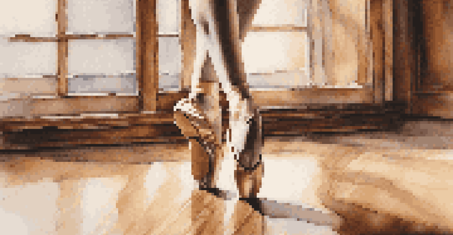 A close-up of a ballet dancer's feet in motion on a polished wooden floor, illuminated by soft natural light.