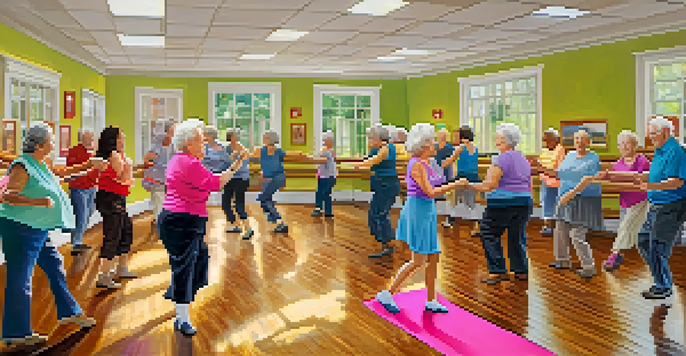 A group of older adults participating in a line dance class, displaying joy and concentration in a well-lit room.