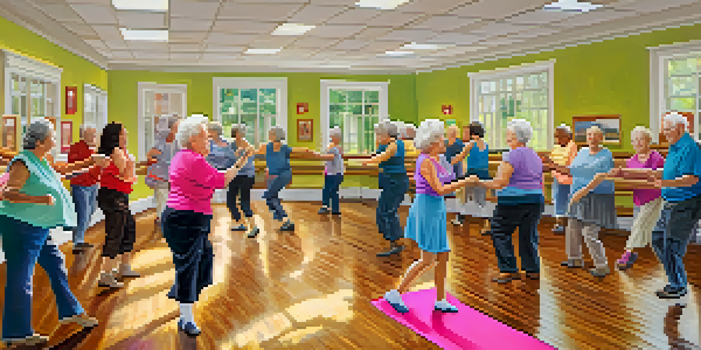 A group of older adults participating in a line dance class, displaying joy and concentration in a well-lit room.