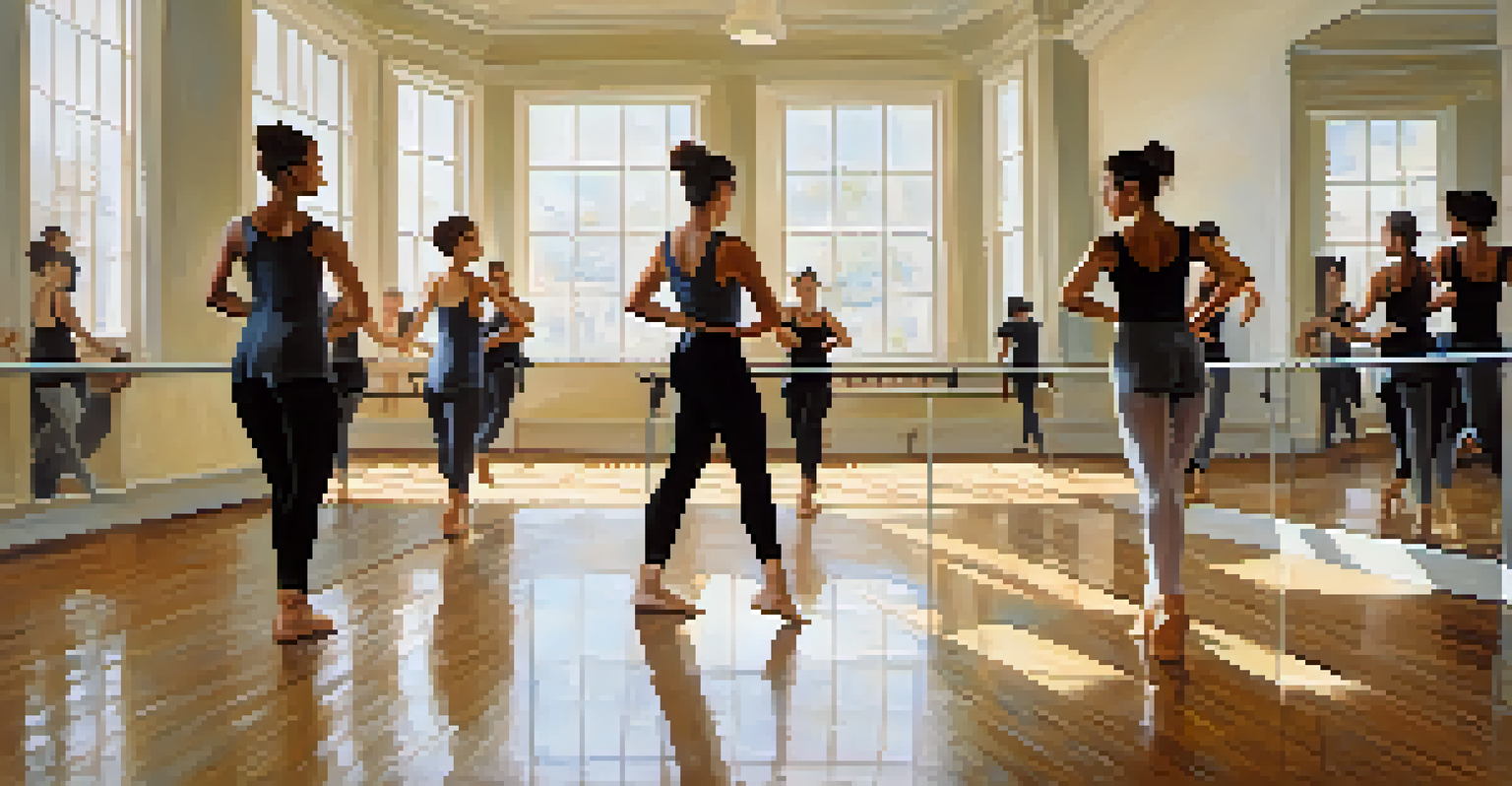 A modern dance rehearsal in a bright studio with dancers in casual attire and large windows.