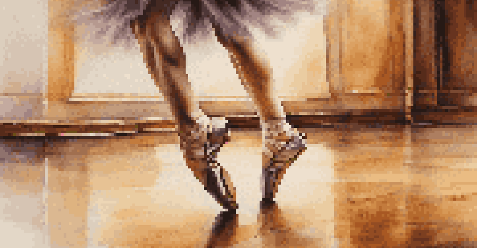A close-up of a dancer's feet in motion on a polished wooden floor, highlighting intricate dance shoes and warm lighting.