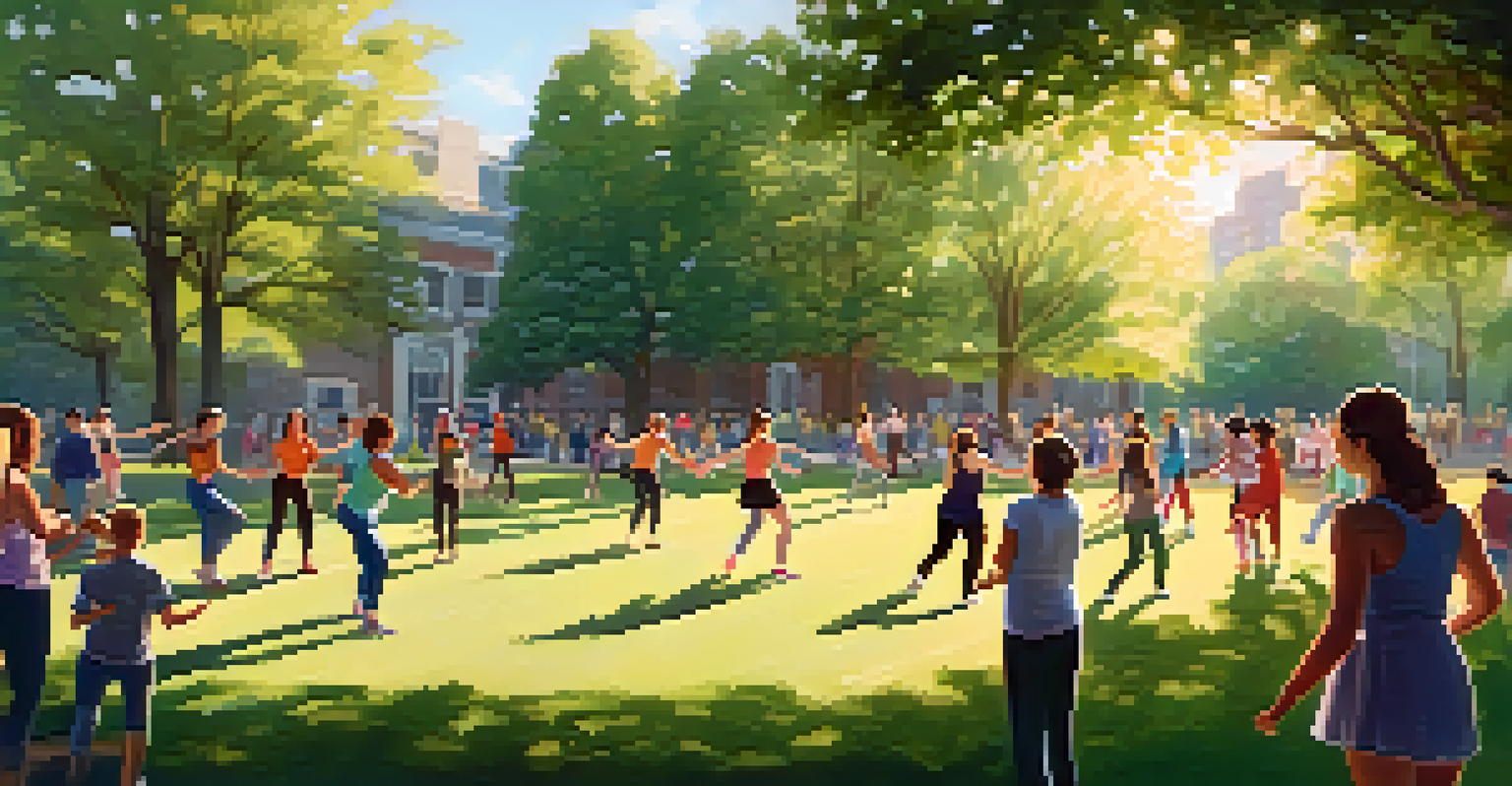 A community dance class in a serene public park with people of various ages following an instructor, surrounded by greenery and sunlight.