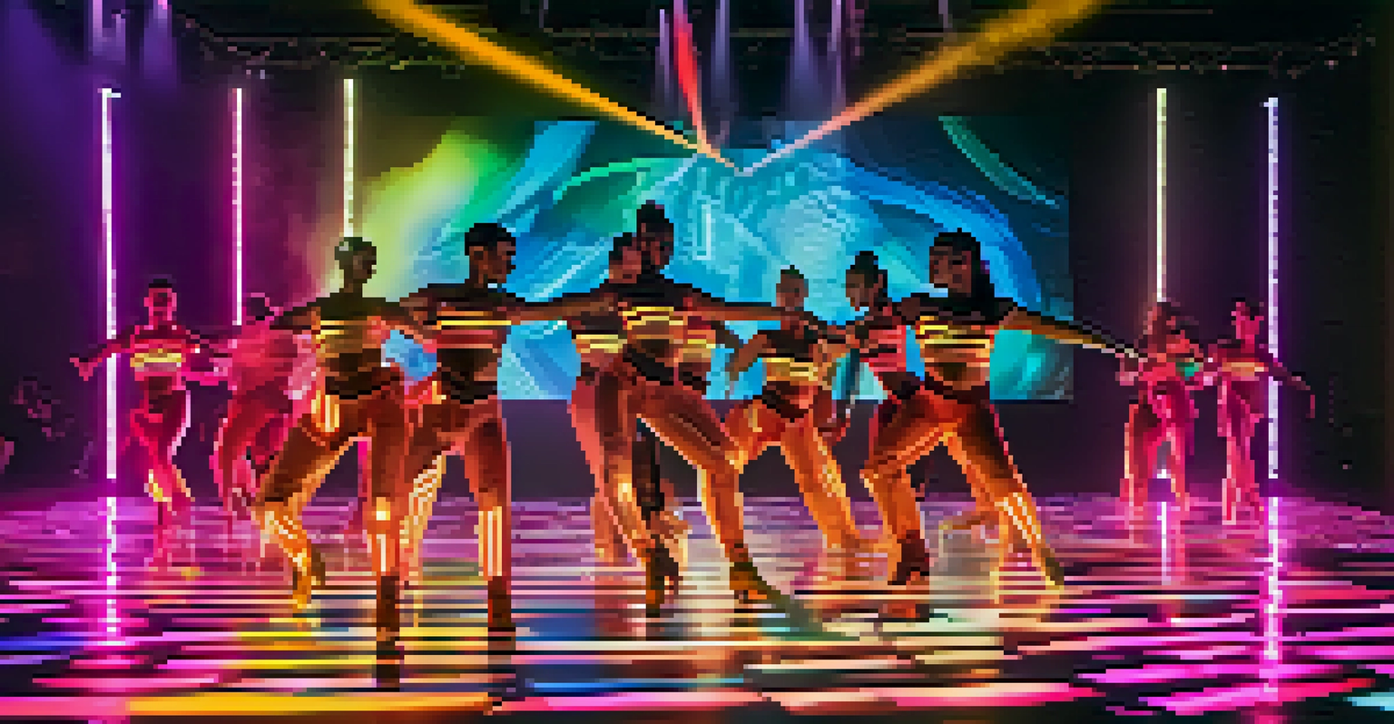Dancers in LED costumes performing on a high-tech stage with projection mapping, creating a colorful and immersive dance experience.
