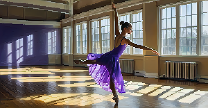 A young dancer in a purple leotard practicing in a bright studio with mirrors and water bottles around her.