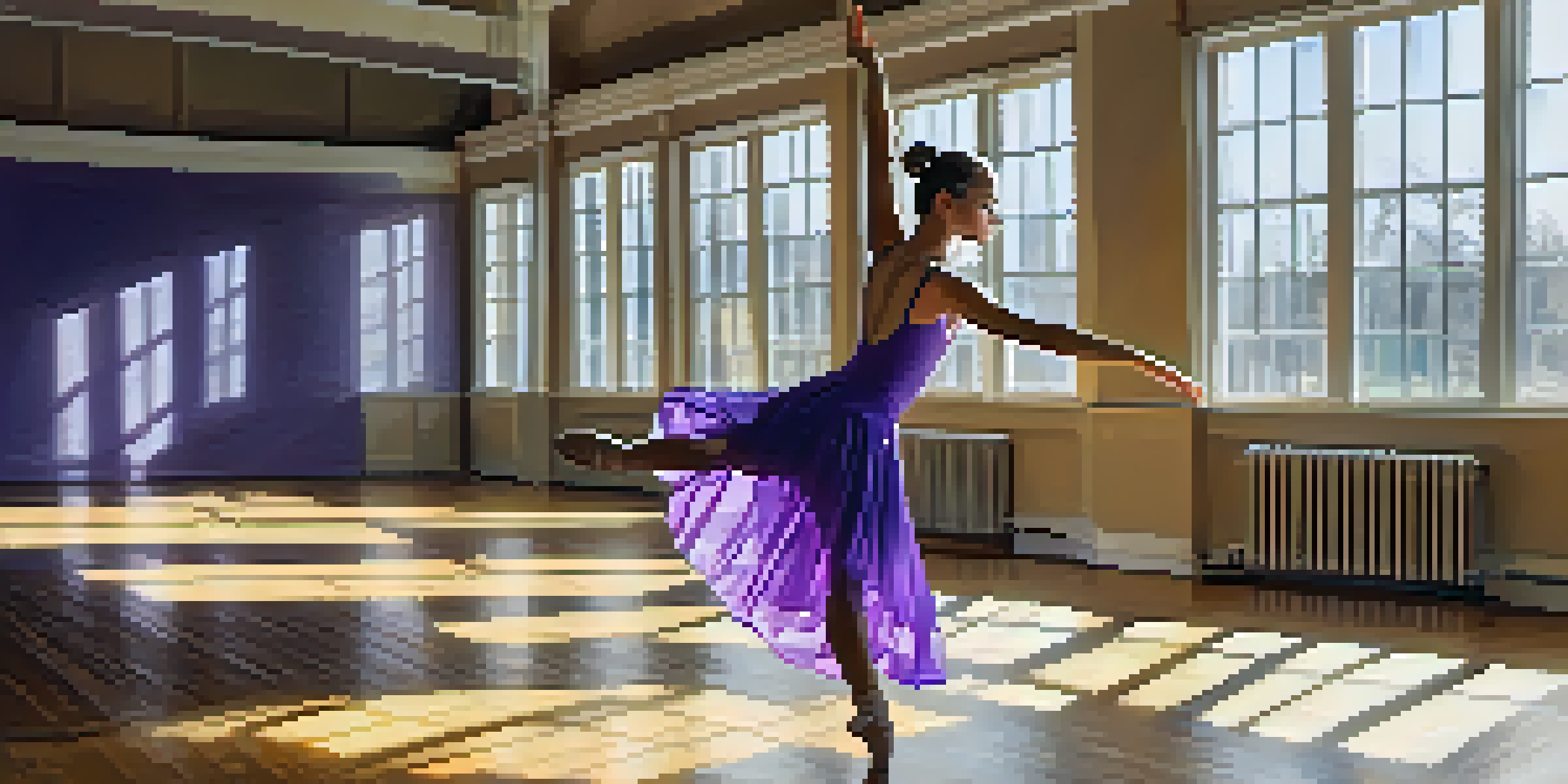 A young dancer in a purple leotard practicing in a bright studio with mirrors and water bottles around her.