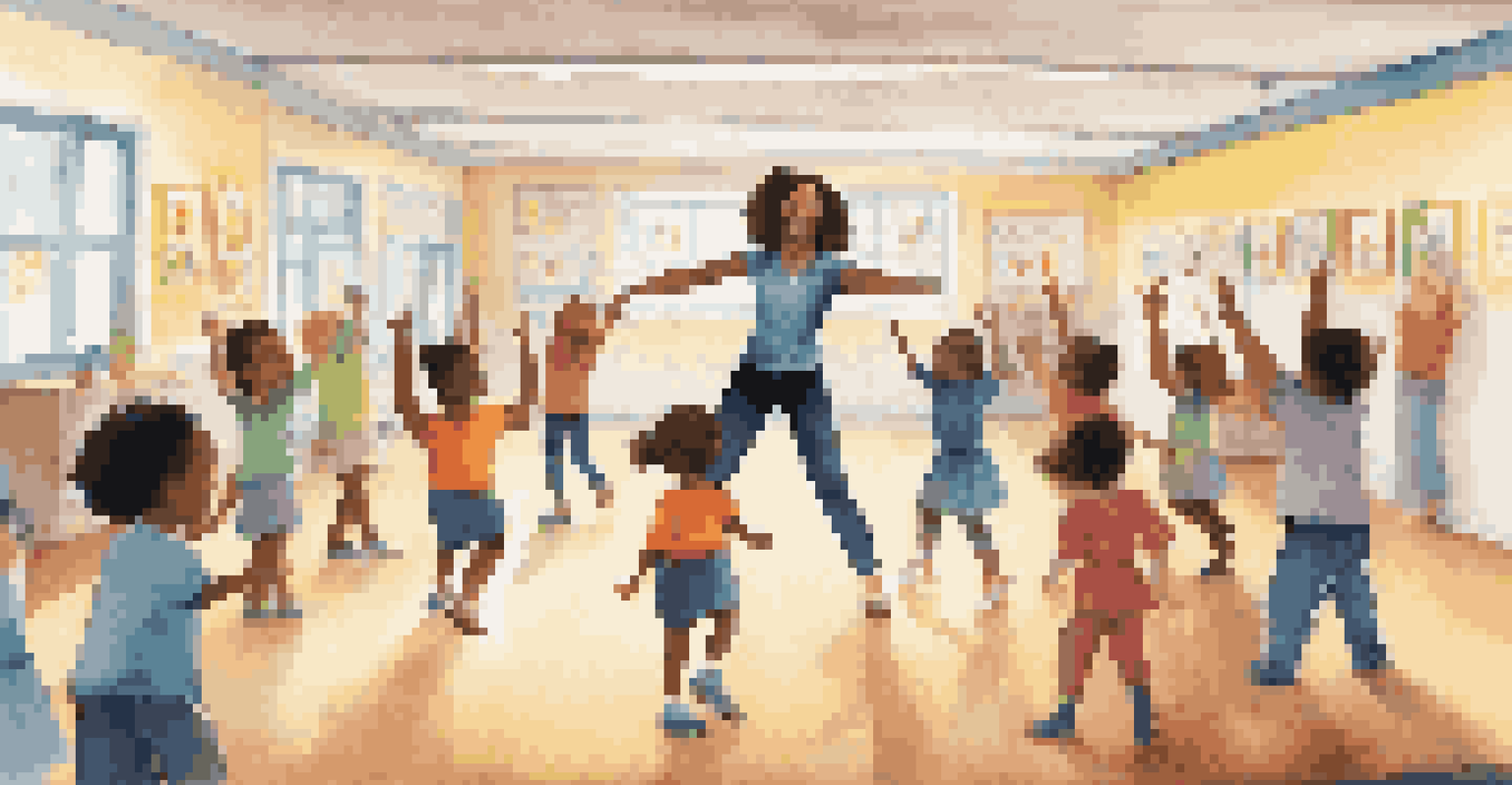 An enthusiastic educator leading children in a dance activity in a colorful classroom.