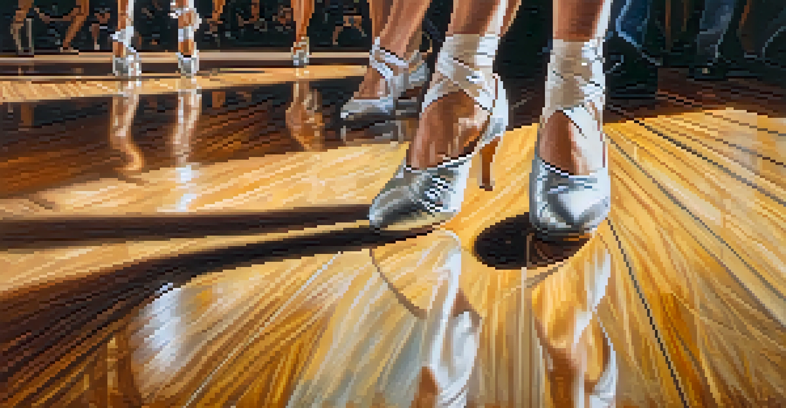 A close-up of a dancer's feet in dance shoes on a polished floor, with blurred dancers in the background.