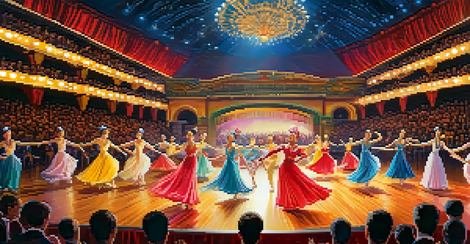 A lively dance competition with dancers in bright costumes performing on stage, illuminated by dramatic lights, while an audience watches intently.