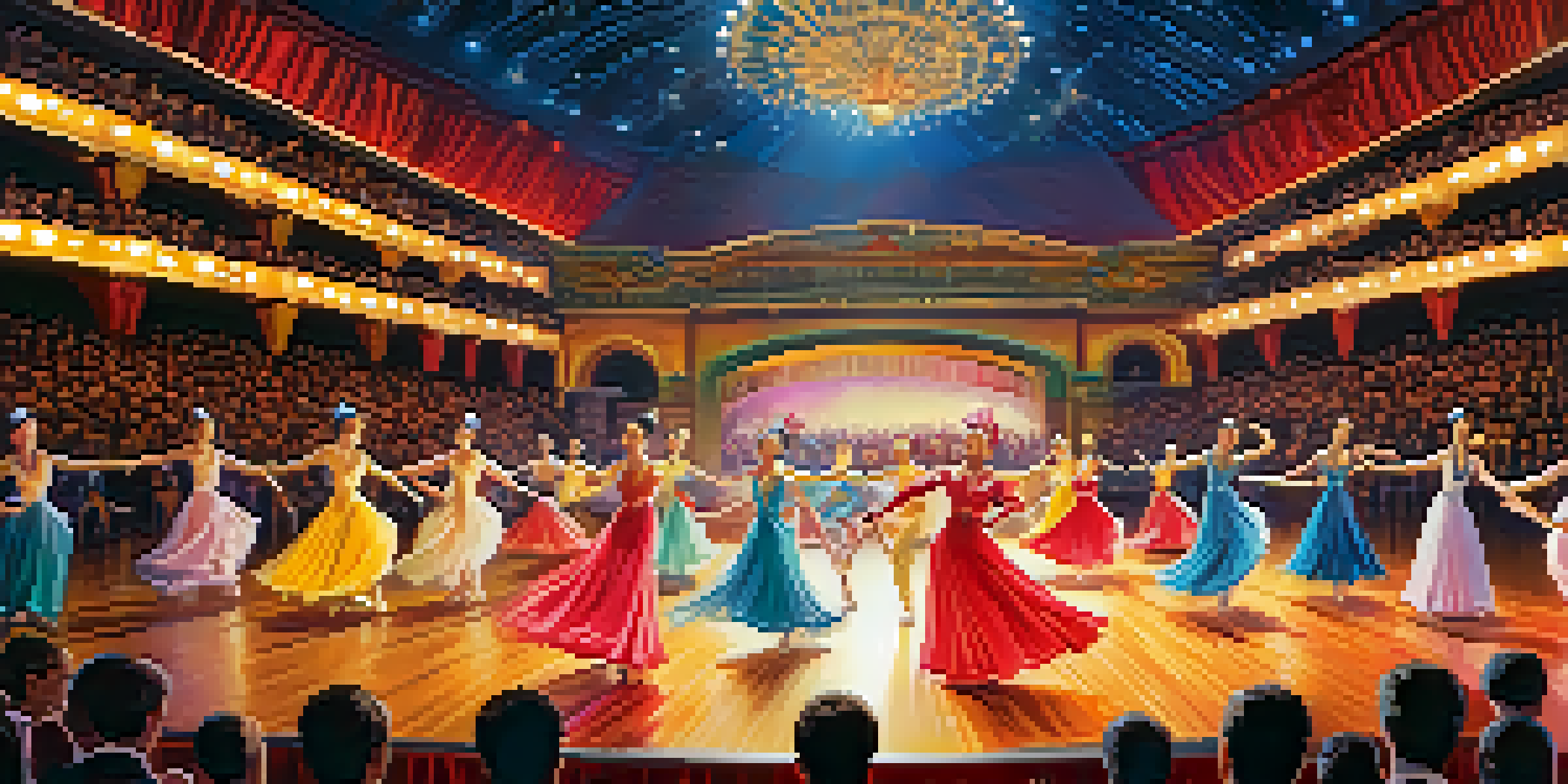 A lively dance competition with dancers in bright costumes performing on stage, illuminated by dramatic lights, while an audience watches intently.