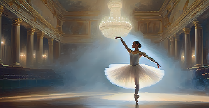 A ballet dancer in a white tutu gracefully spinning on stage, illuminated by soft lighting and surrounded by mist.