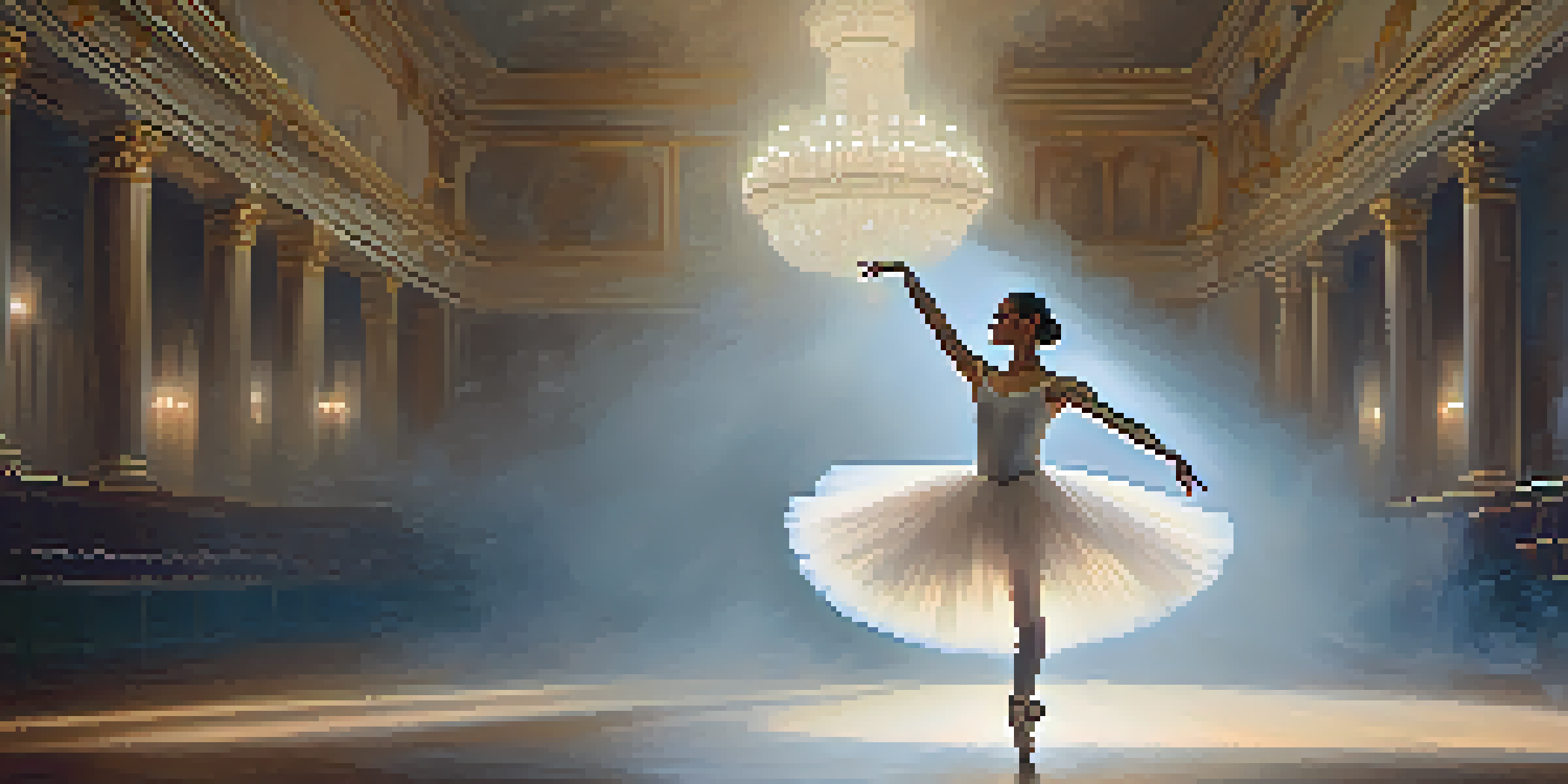 A ballet dancer in a white tutu gracefully spinning on stage, illuminated by soft lighting and surrounded by mist.