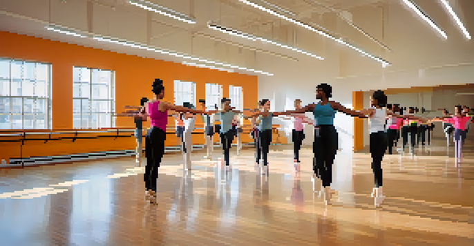 A lively dance studio with students of different backgrounds and abilities practicing various dance styles in a bright and spacious environment.