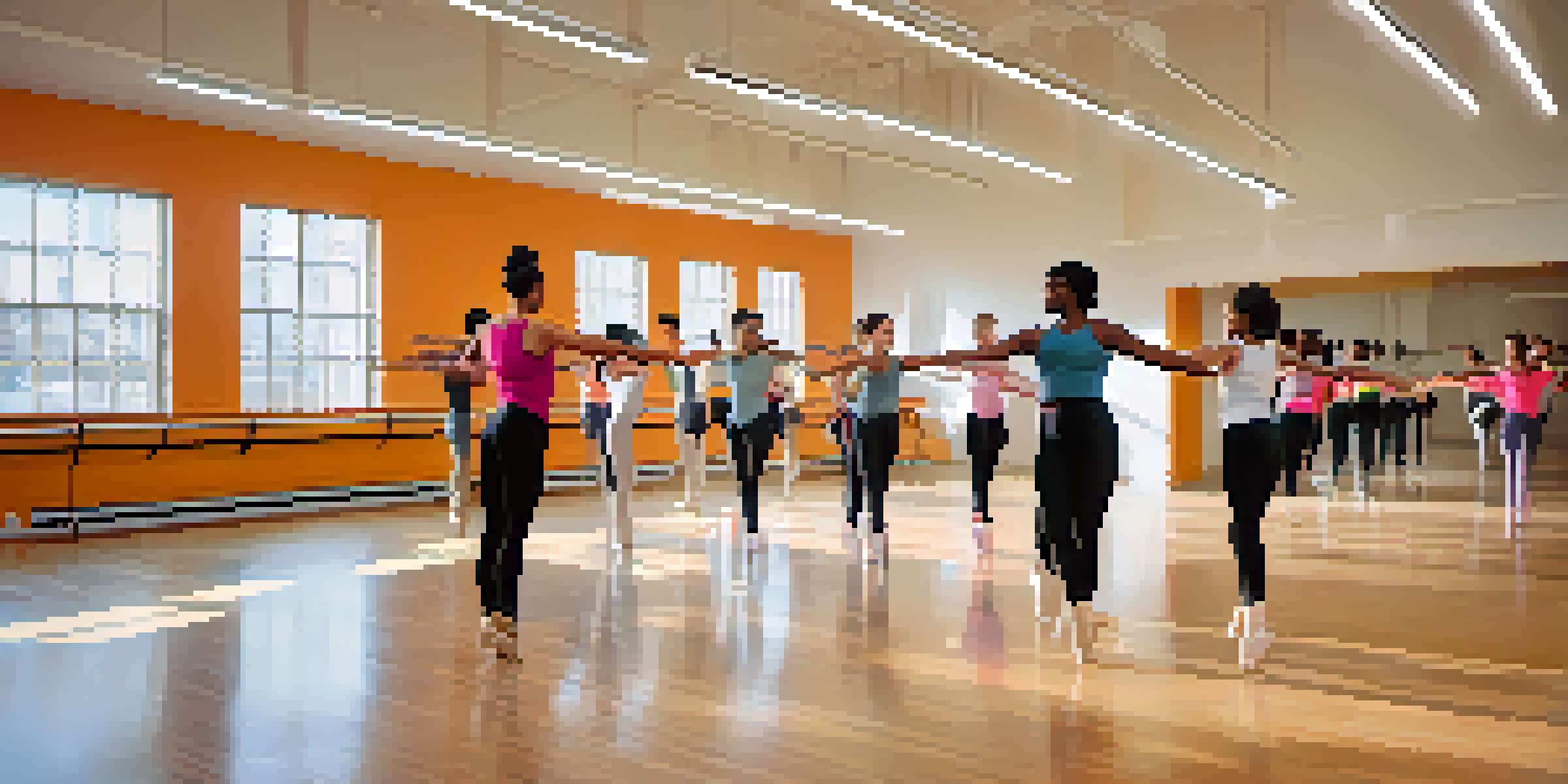 A lively dance studio with students of different backgrounds and abilities practicing various dance styles in a bright and spacious environment.
