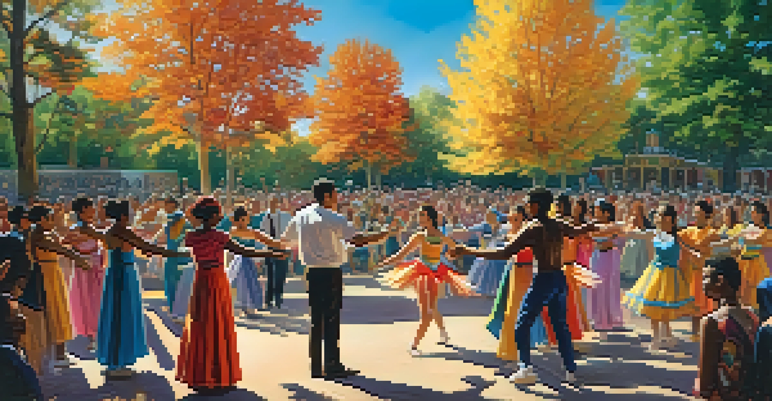 A vibrant community dance performance in a park, with dancers in colorful costumes and an engaged audience.