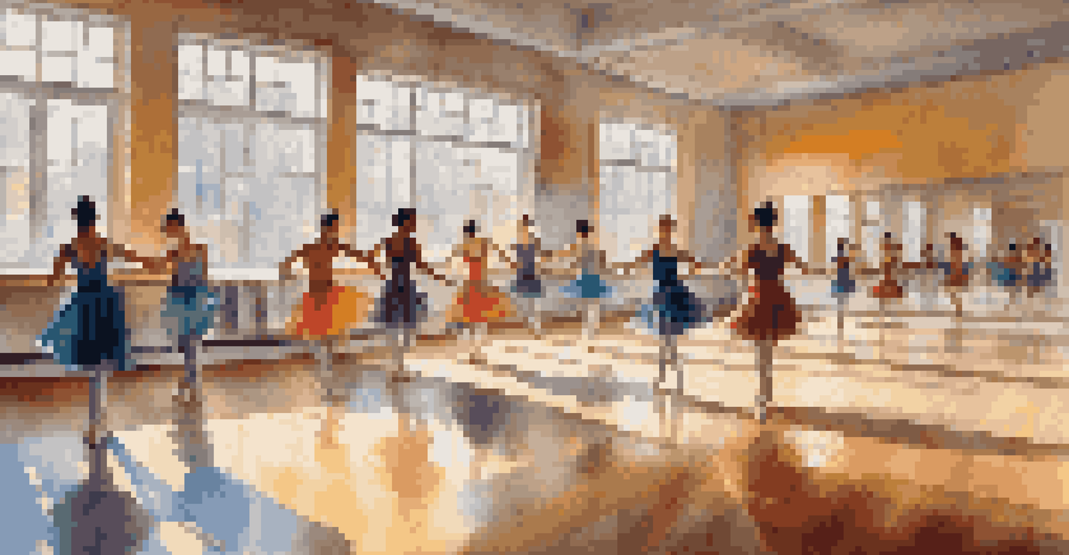 A lively dance studio with diverse dancers practicing in colorful outfits, illuminated by natural light.