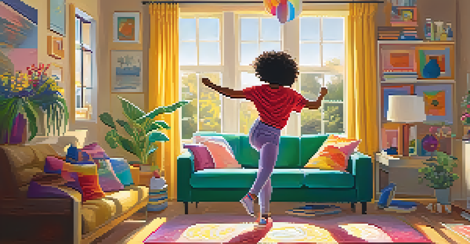A person dancing joyfully in a bright living room, surrounded by colorful decorations and sunlight streaming through the window.