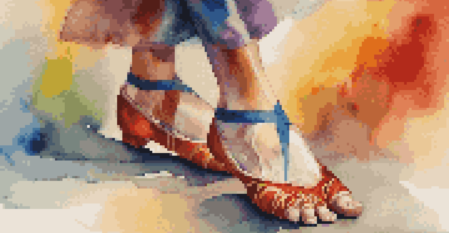 A close-up of a dancer's feet in vibrant shoes, with a blurred colorful background representing various dance styles.
