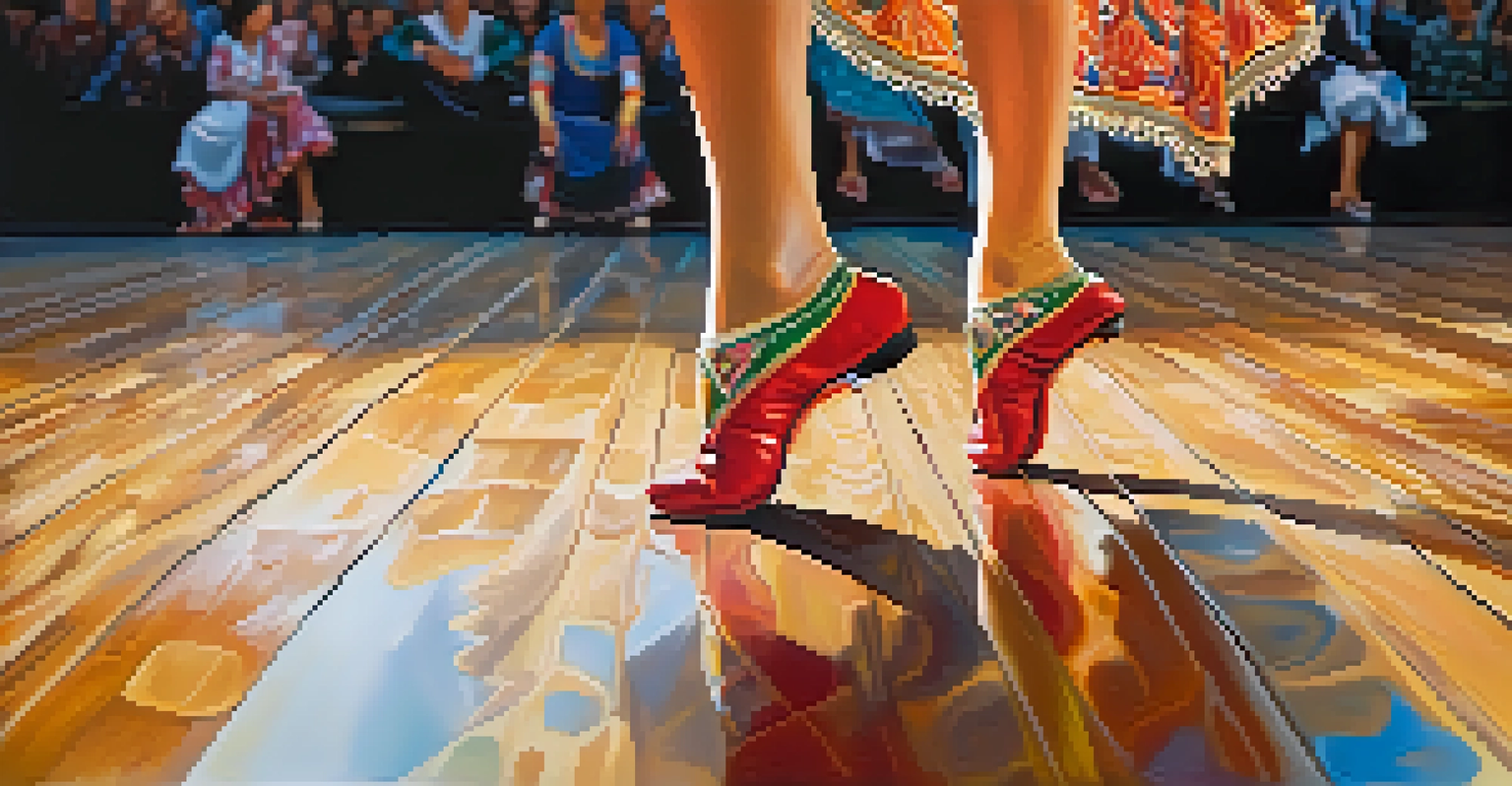 A close-up of a dancer's feet in traditional footwear performing on a polished wooden stage, with colorful costumes and soft lighting.