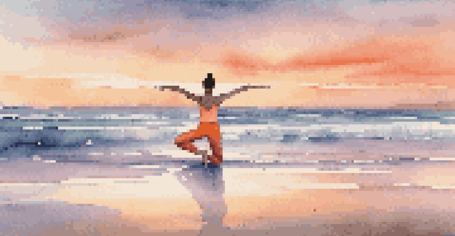 A dancer practicing mindfulness in a balanced pose on a tranquil beach at sunset, with colorful skies and gentle waves.