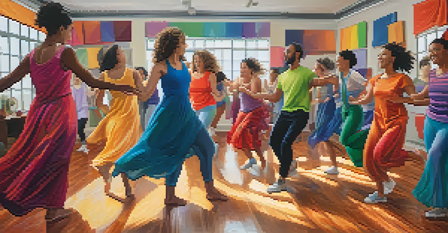Participants in a dance therapy class engaged in improvisational dance, expressing emotions through movement in a colorful and vibrant studio environment.