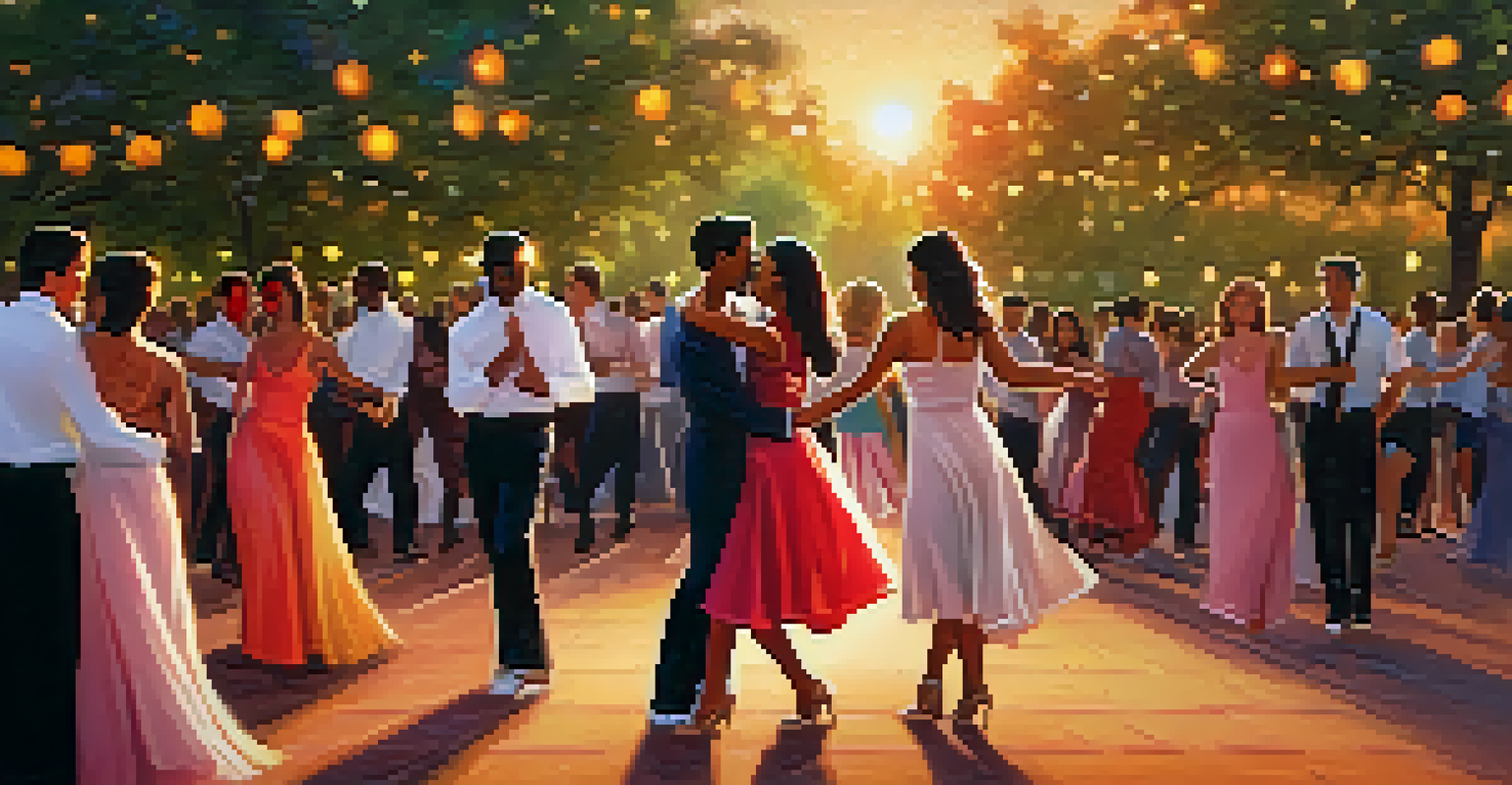 Couples dancing salsa in a park during sunset, surrounded by trees and warm lighting, exuding joy and connection.