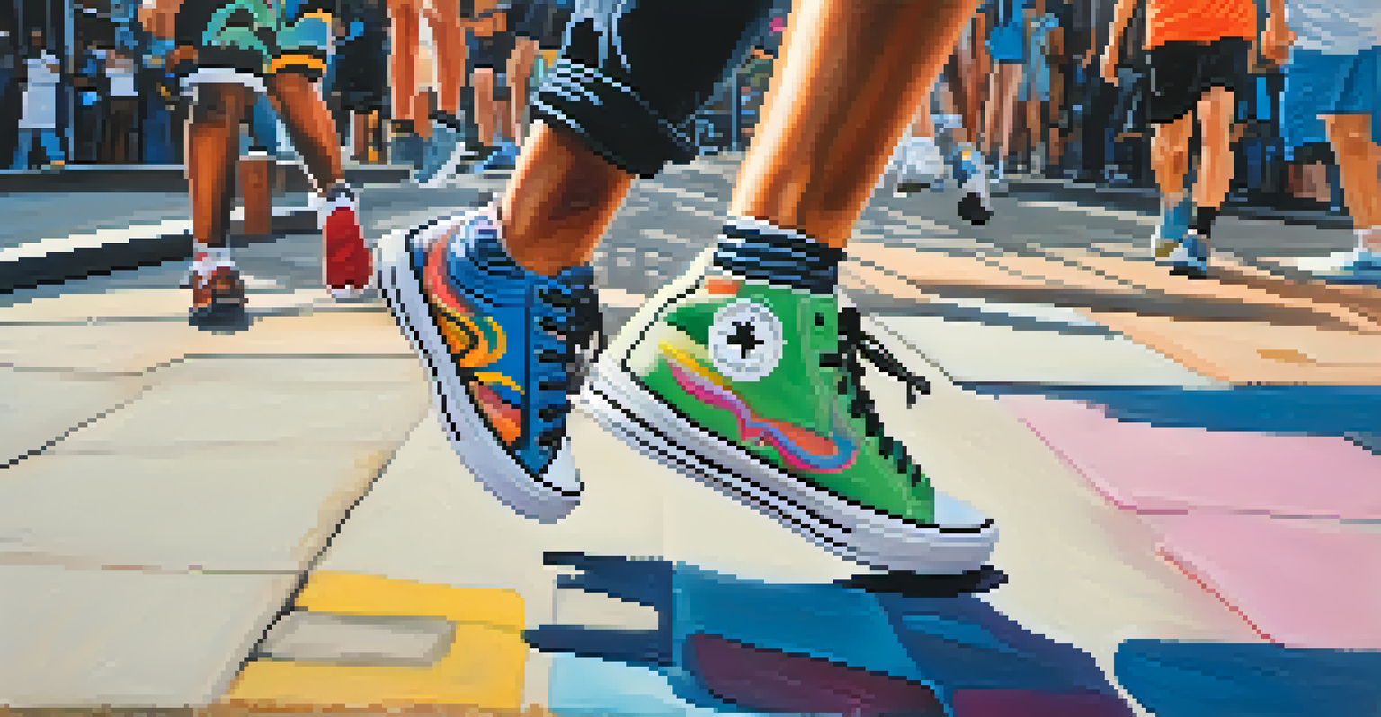 Close-up of an athlete's feet in stylish sneakers dancing on a colorful urban street, showcasing agility and rhythm amidst street art.