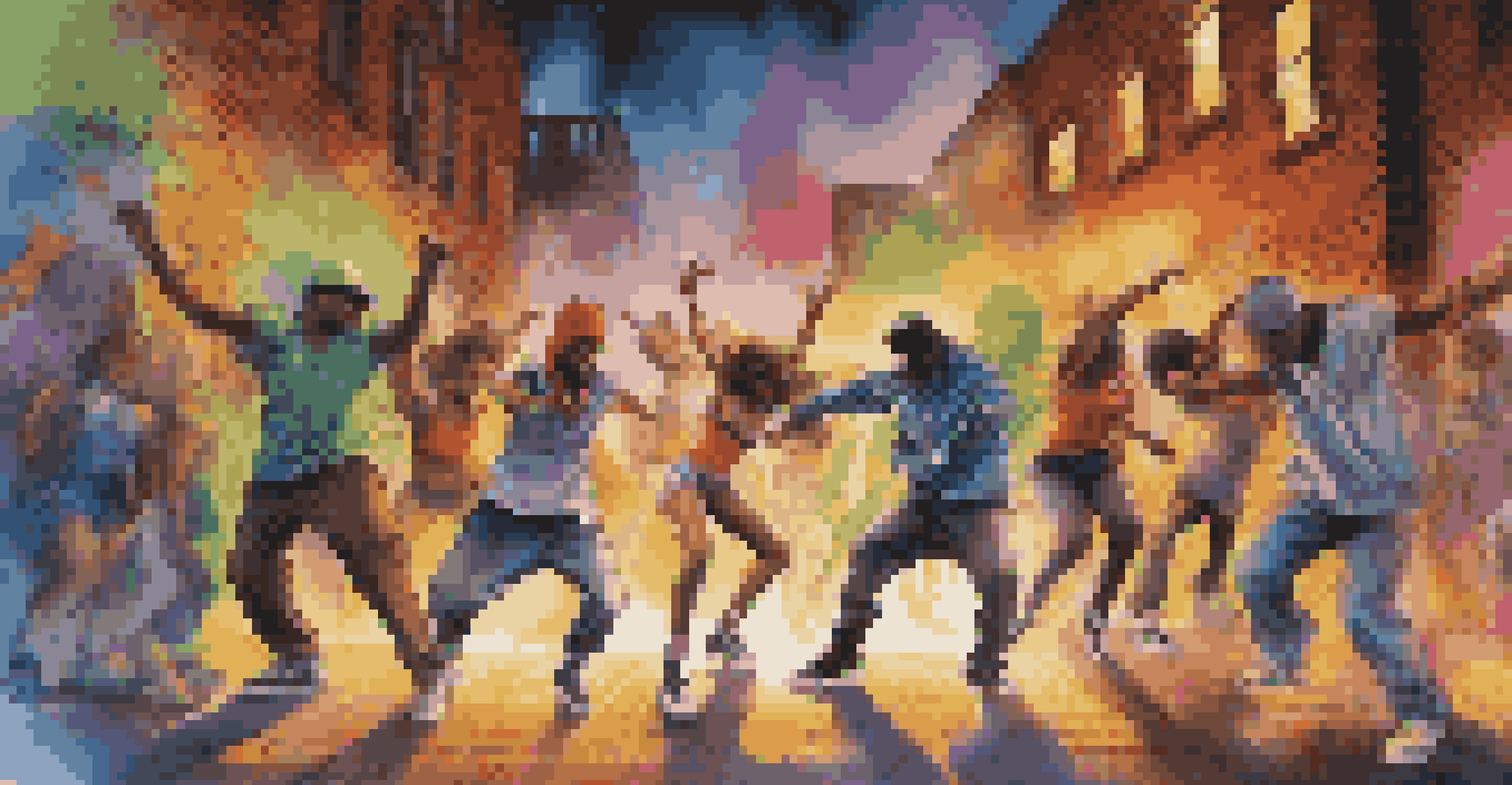 An urban hip-hop dance battle with dancers in energetic poses against a colorful graffiti backdrop, illuminated by stage lights.