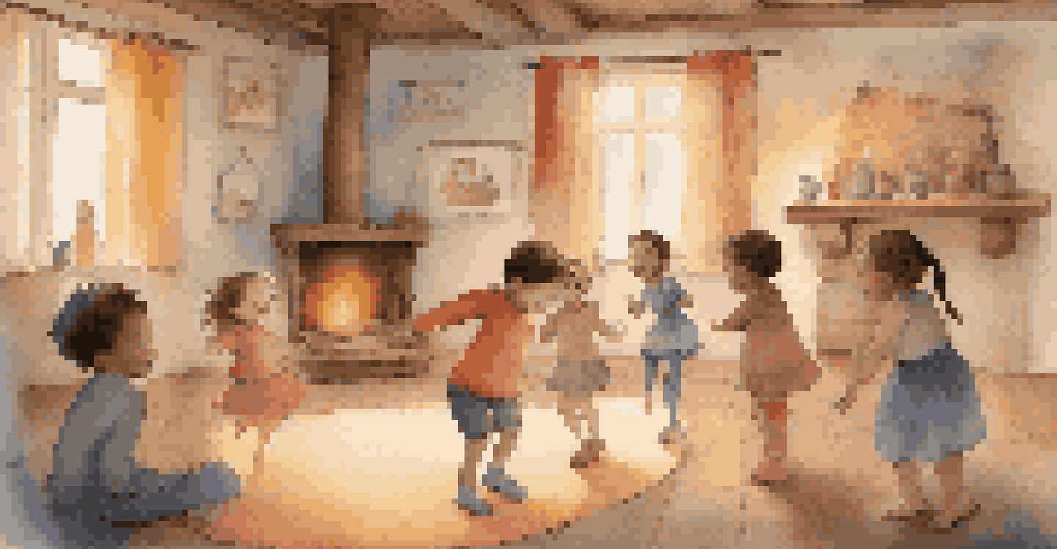 Children in a cozy room dancing to represent characters from a story, showcasing a range of emotions.