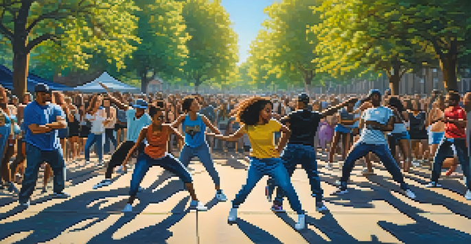 A colorful hip-hop dance battle in a city park, with dancers and an excited crowd, surrounded by graffiti and sunlight.
