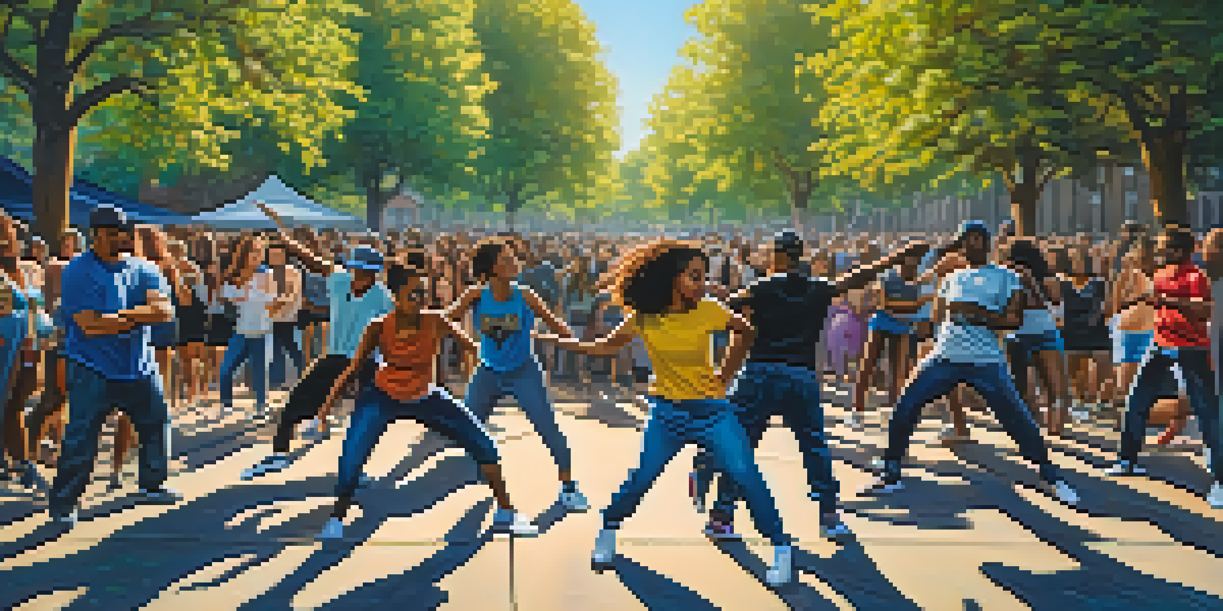 A colorful hip-hop dance battle in a city park, with dancers and an excited crowd, surrounded by graffiti and sunlight.