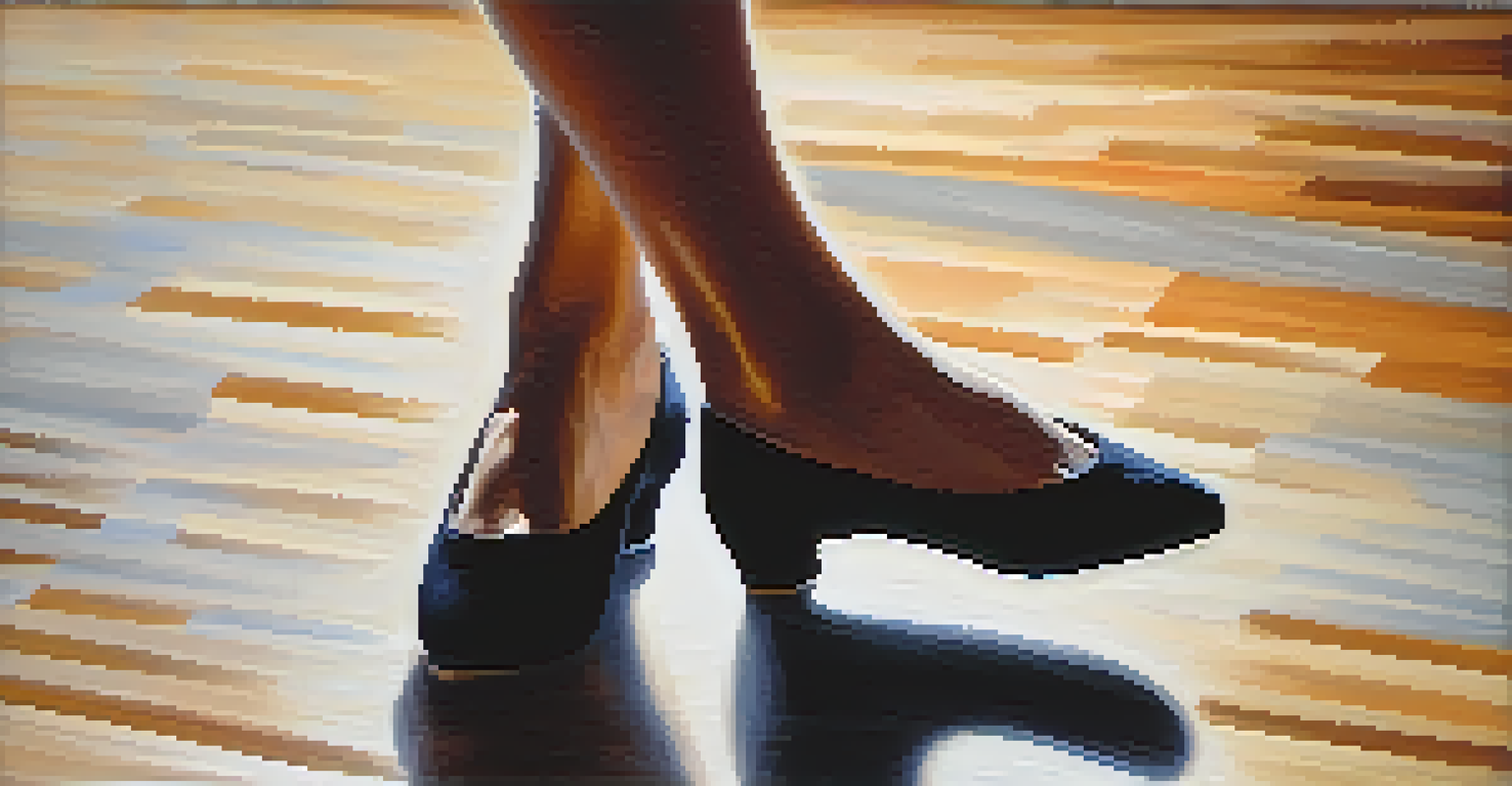 A close-up image of a dancer's feet in motion, showcasing intricate footwork against a textured floor with a soft spotlight.
