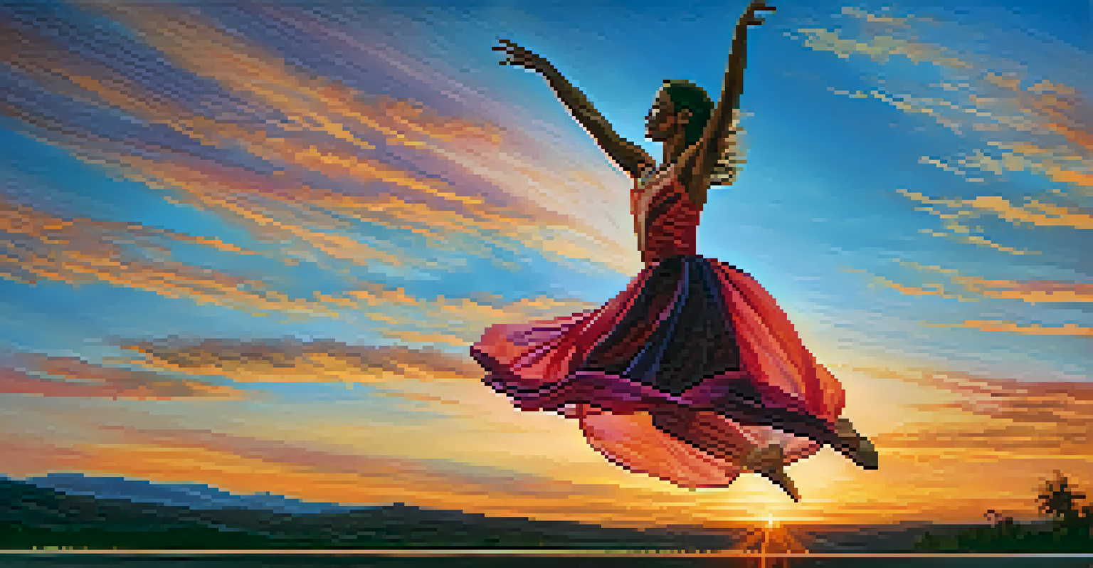 A dancer performing outdoors at sunset, showcasing a graceful leap against a colorful sky.
