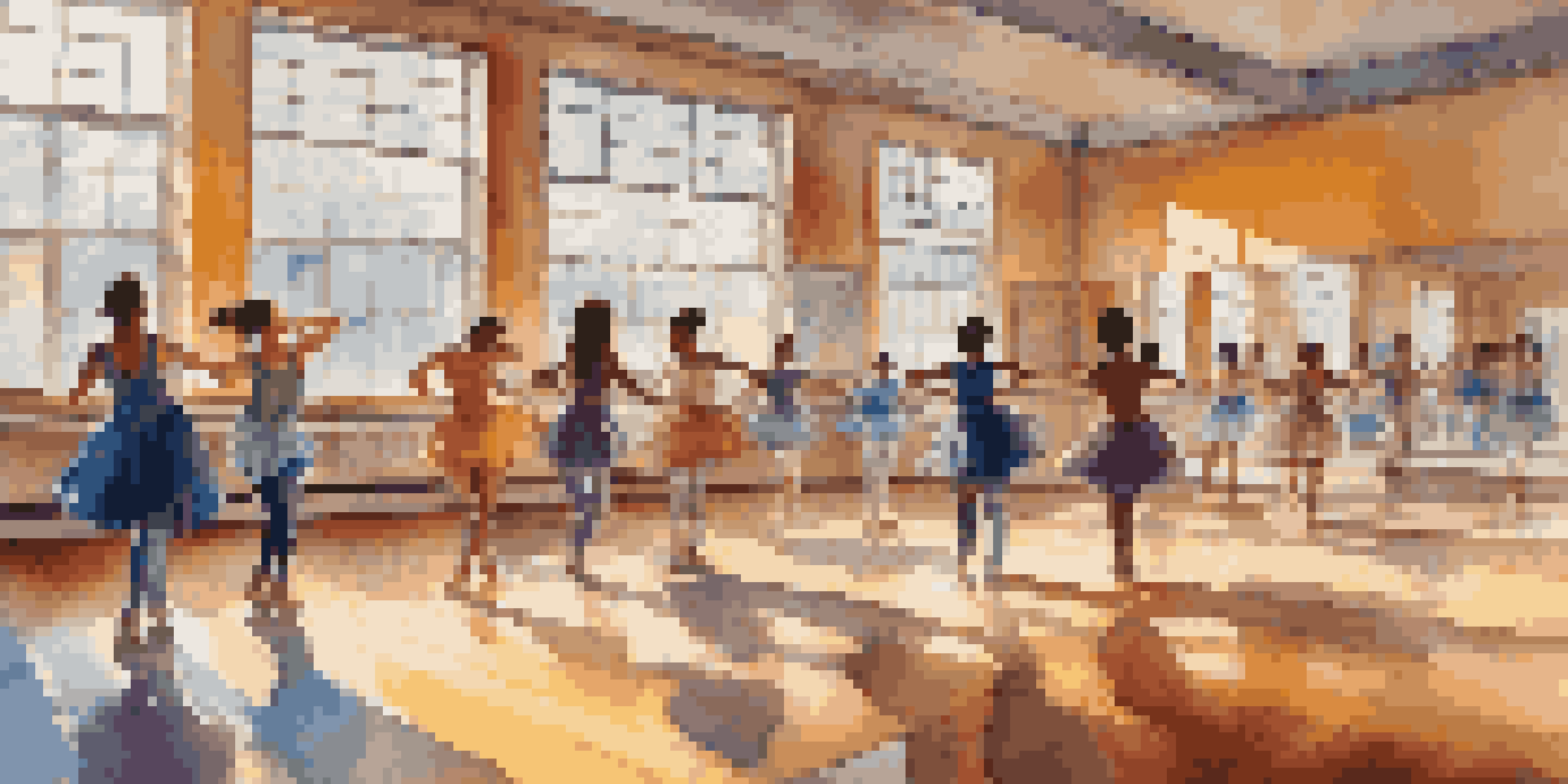 A diverse group of students practicing different dance styles in a bright classroom, with mirrors and colorful dancewear.