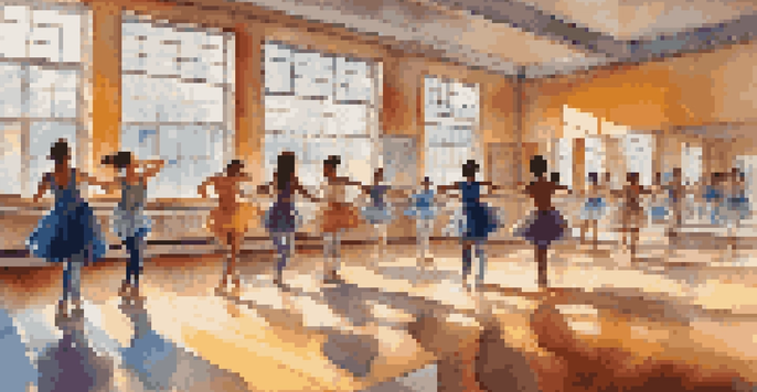 A diverse group of students practicing different dance styles in a bright classroom, with mirrors and colorful dancewear.