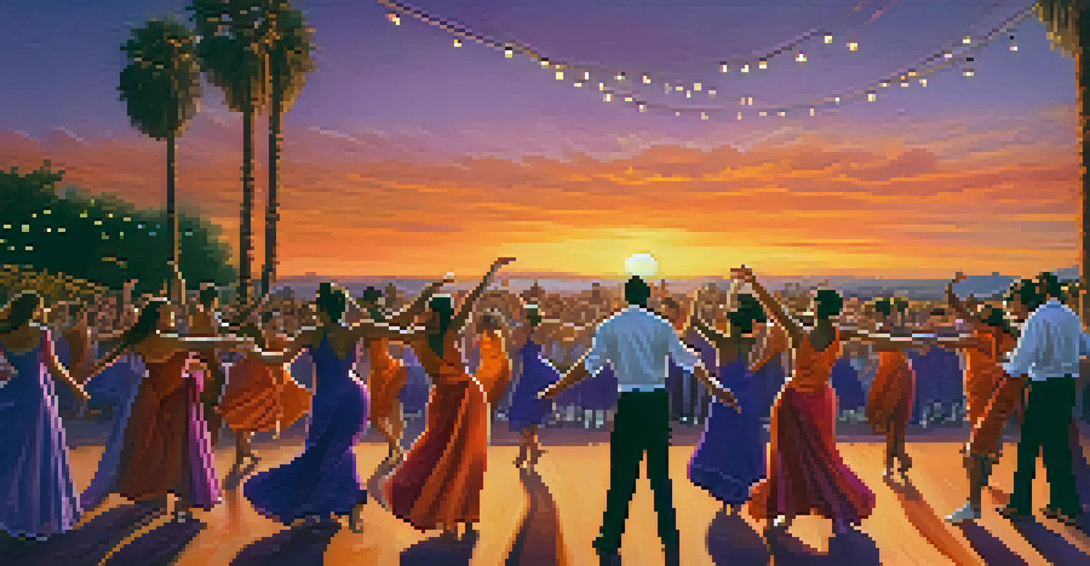 Dancers performing on an outdoor stage at sunset, with a vibrant sky and an enthusiastic audience.