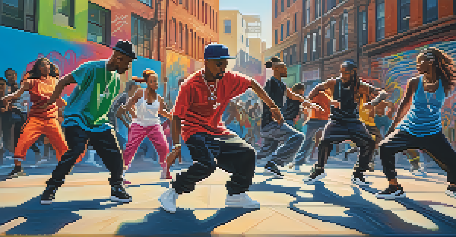 A group of hip-hop dancers in dynamic poses against a backdrop of colorful street art, capturing the energy of urban dance.