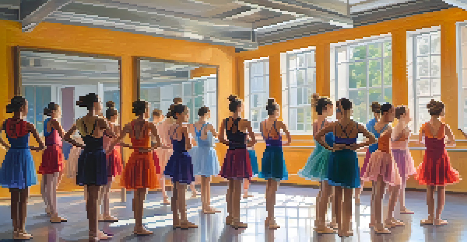 A group of dancers discussing choreography in a bright rehearsal space, showcasing teamwork and concentration with colorful attire.