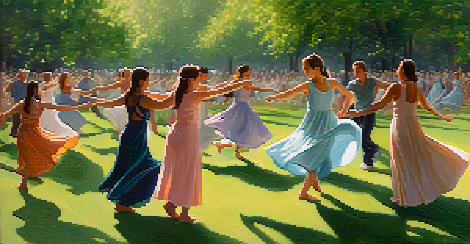 A peaceful outdoor dance therapy session in a park, with participants expressing emotions through movement.