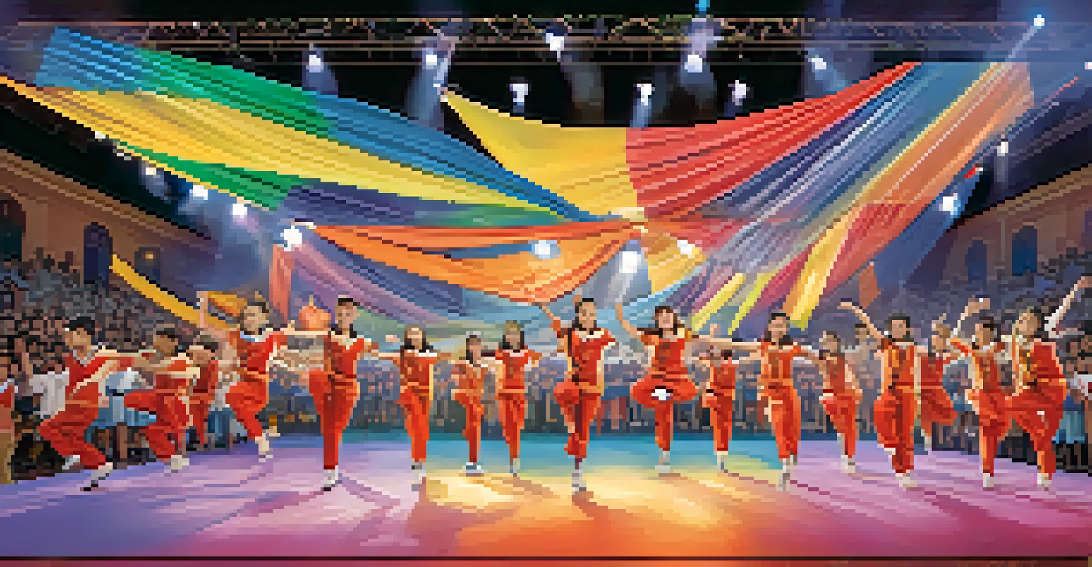 Students performing a choreographed dance on stage at a school event, showcasing teamwork and enthusiasm.