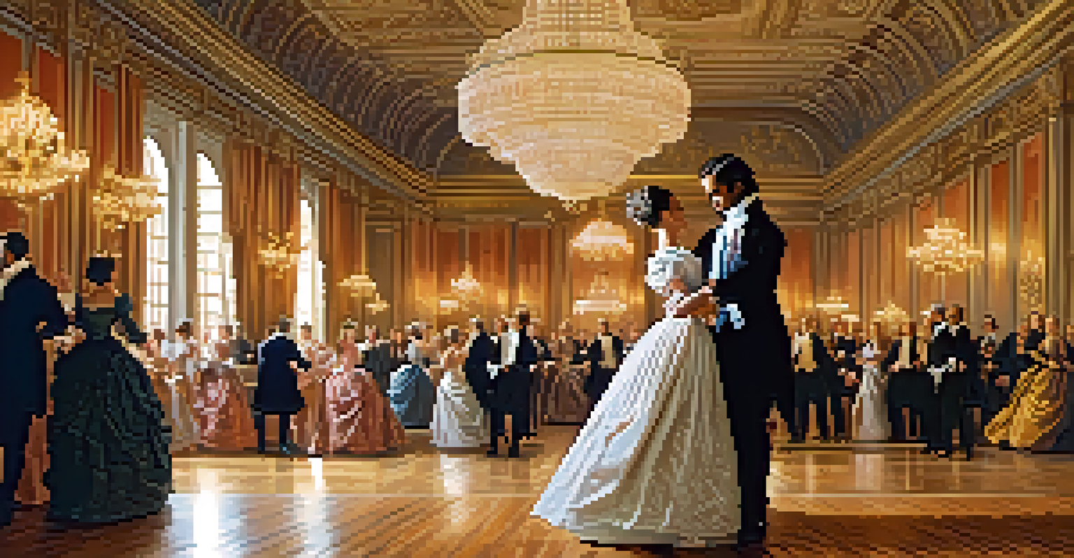 An elegant ballroom with couples in 18th-century attire dancing a waltz under soft chandelier lighting, showcasing grace and social hierarchy.
