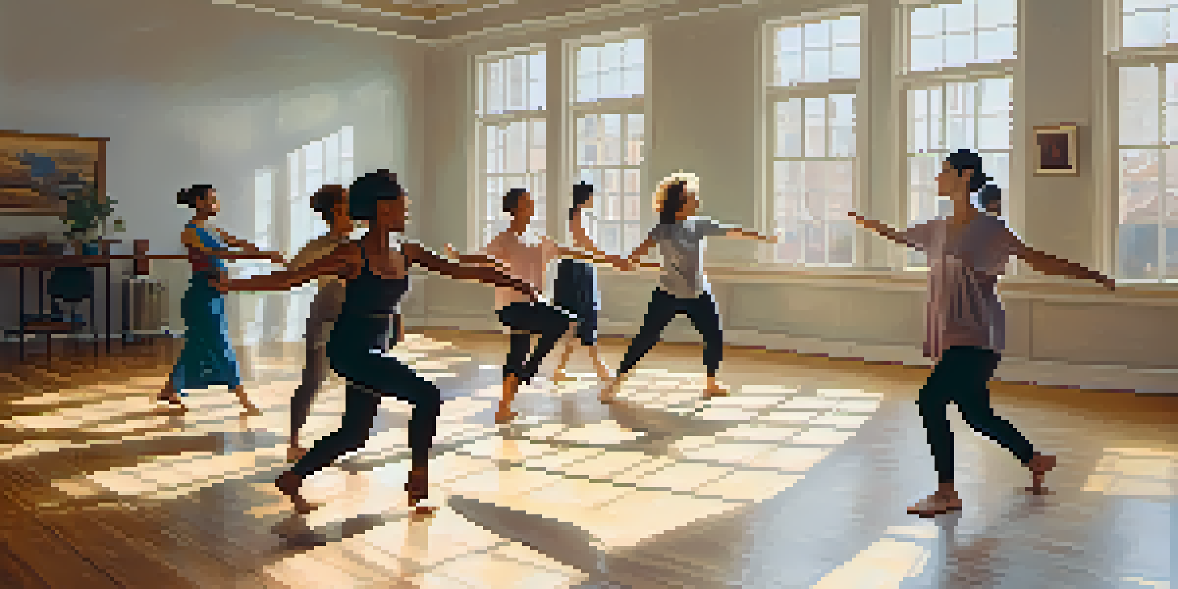 A diverse group of individuals engaged in a dance therapy session in a sunlit studio, expressing emotions through movement.